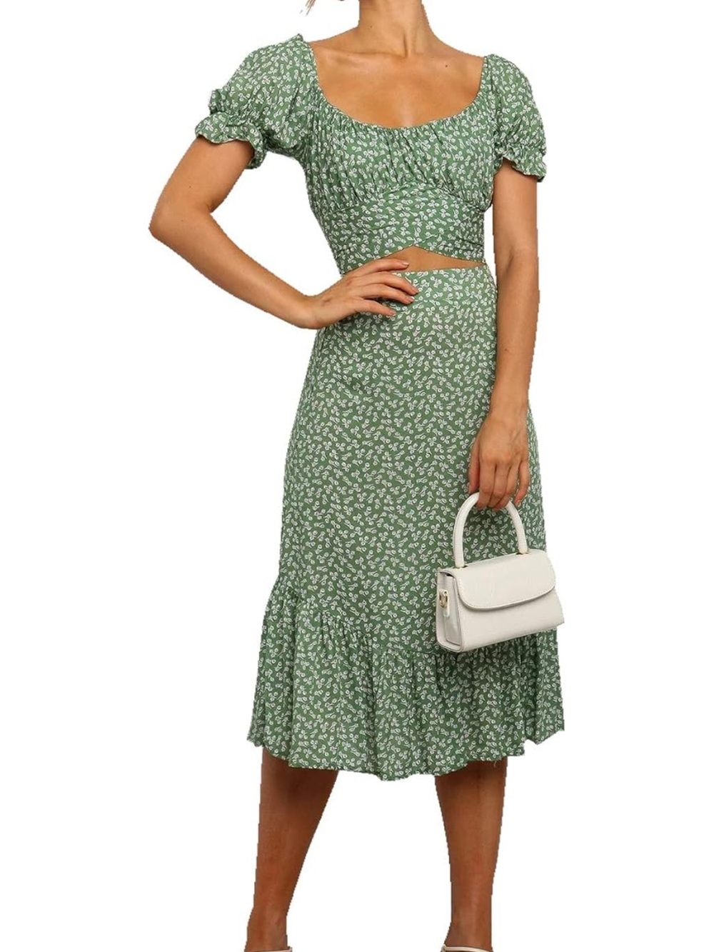 Practically NWOT Green Floral Two Piece Crop Top and Midi Dress Set